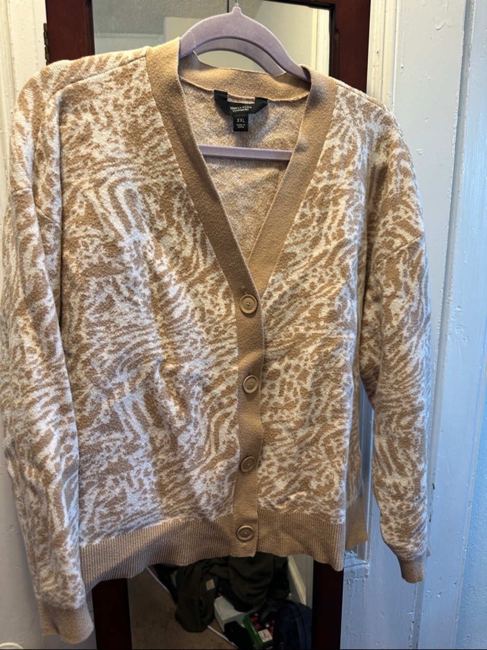 Beige and Cream Animal Print Button-Up Cardigan